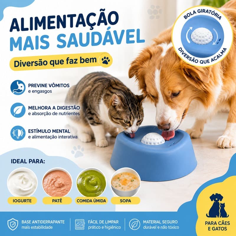 Comedouro Lento Cães e Gatos Anti Engasgo, Tigela Interativa Lick Bowl para Ração e Petiscos