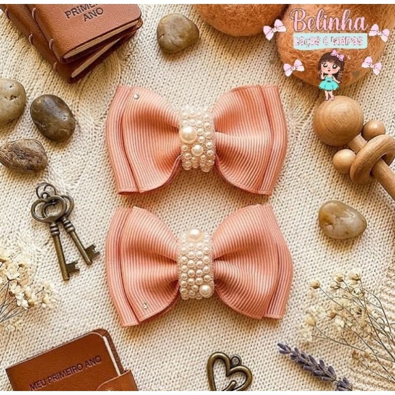 Par de Laços Luxo Rosé Nude Infantil Com Pérolas Boutique Elegante