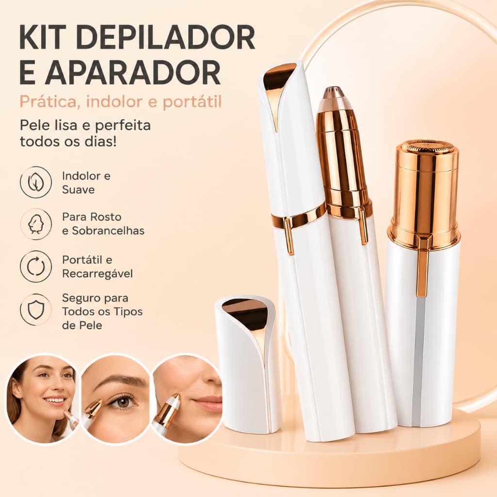 Caneta Depiladora Sobrancelha + Depilador de Rosto Buço Facial Indolor Batom Portátil
