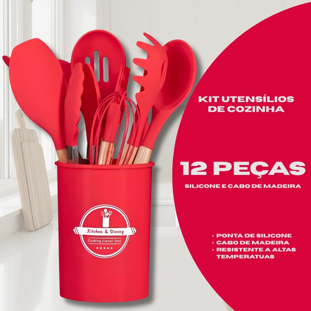 Kit 12 Utensílios Cozinha Silicone Cabo Madeira BPA Free 230°C Antiaderente Concha Espátula