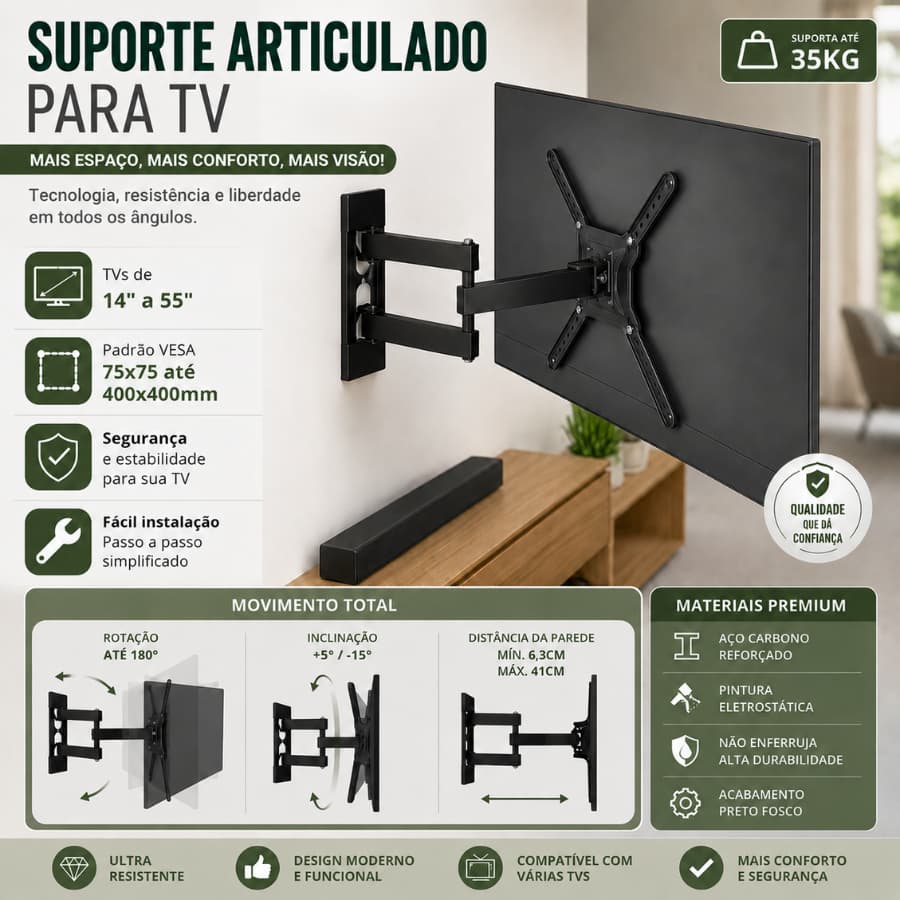 Suporte Parede Smart TV Ajustável Articulado Universal Preto Reforçado