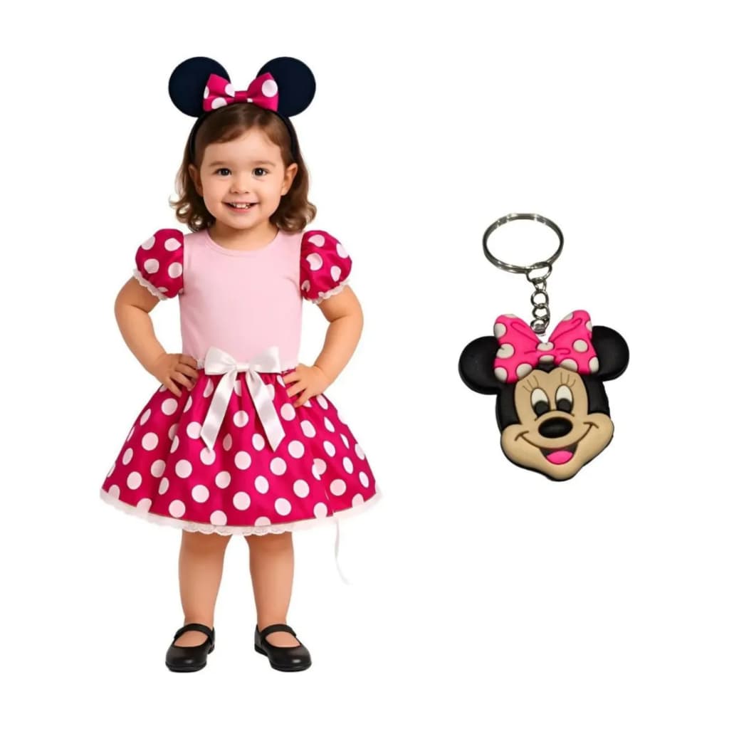 Fantasia Infantil Minnie Rosa Luxo com Tiara + Brinde Especial Festa Aniversário Menina