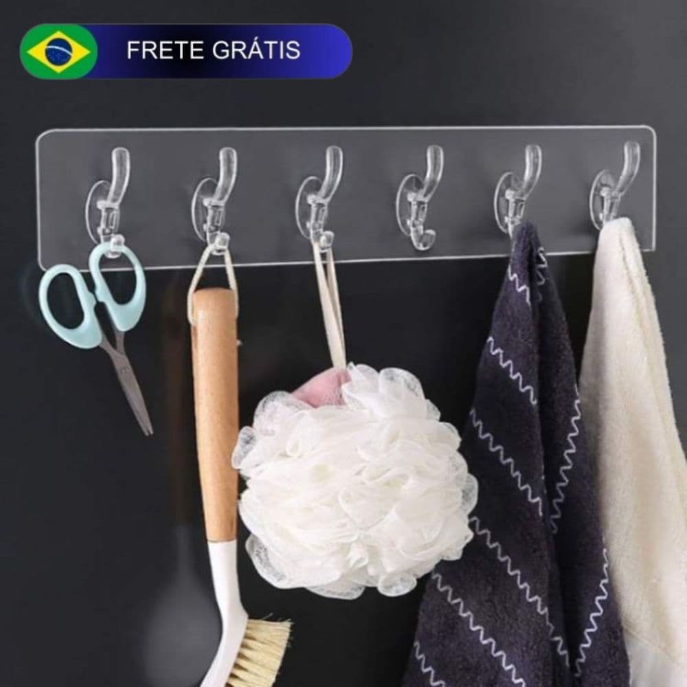 Gancho adesivo transparente 3 ou 6 ganchos com adesivo colável sem furar a parede flexível formato cabide