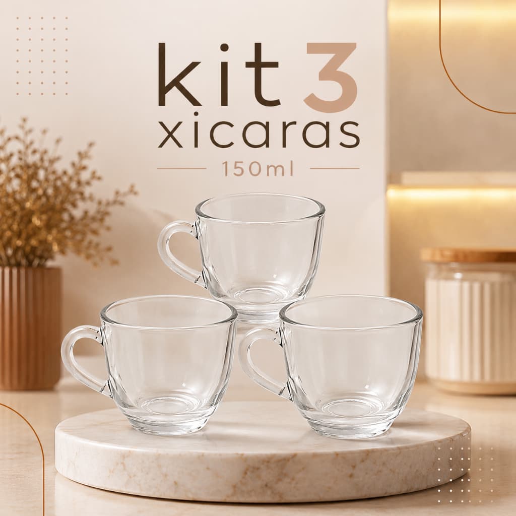 Jogo  de 3 Xícaras Em Vidro 150ml Kit Canecas Para Chá Café