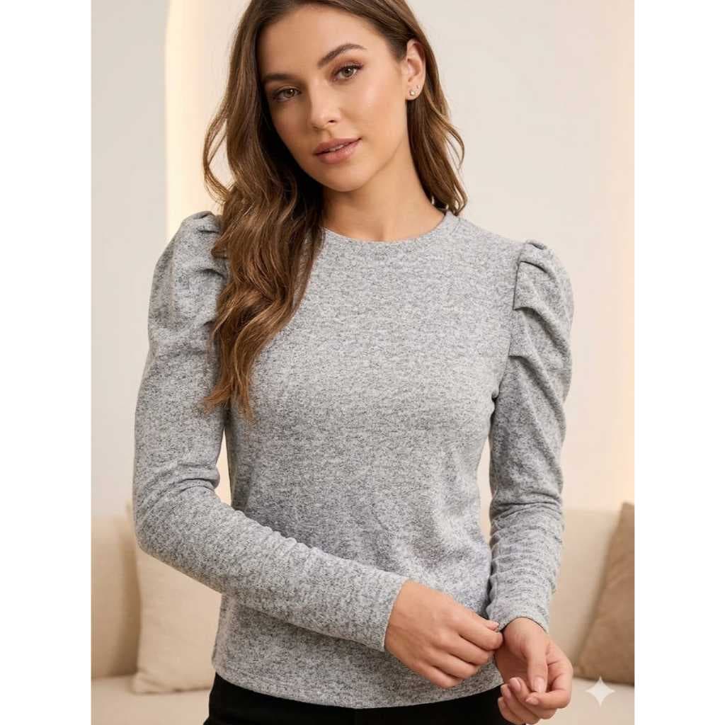 Blusa de frio feminina elegante lanzinha manga longa bufante princesa gola redonda outono inverno