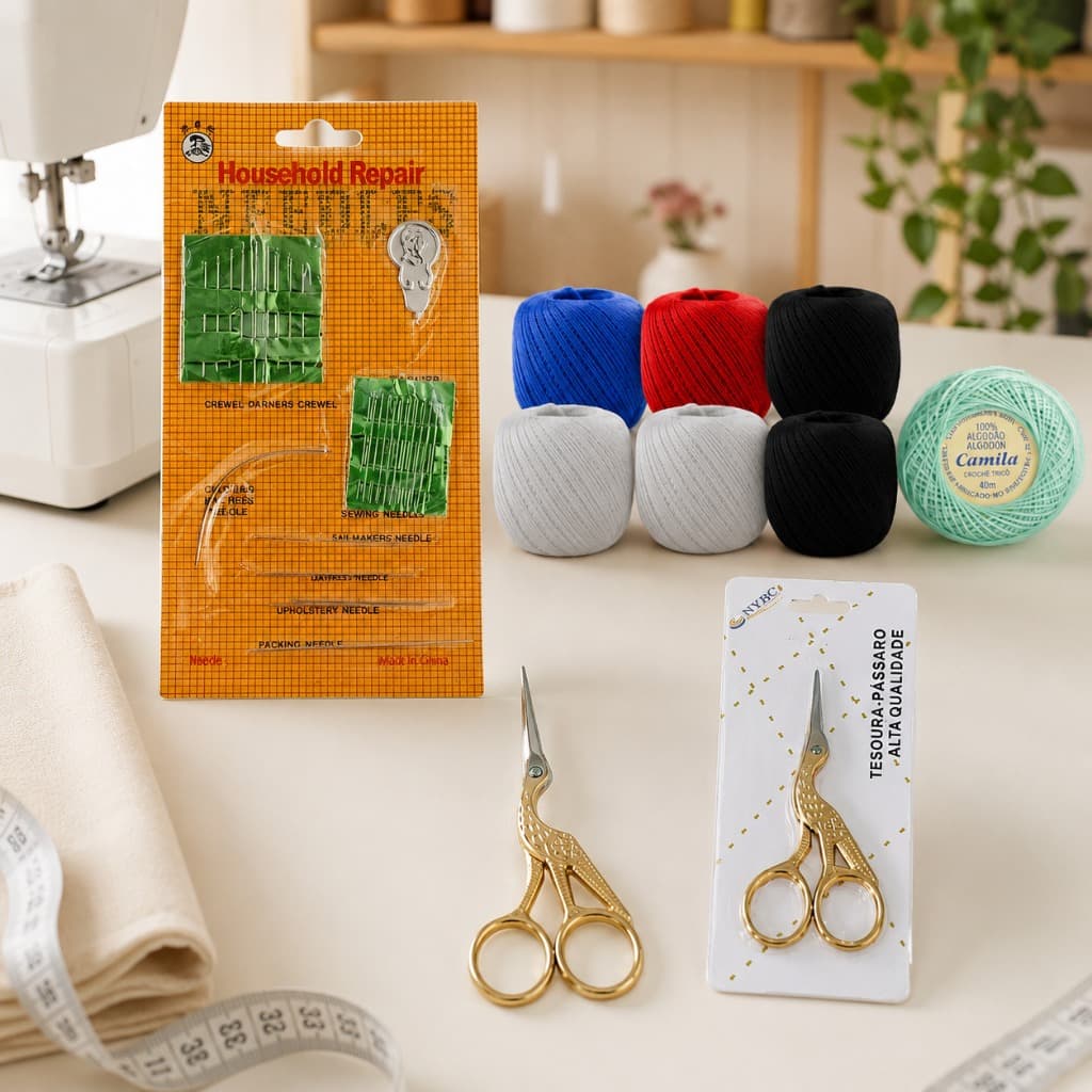 Kit Bordado Completo Tesoura Garça Ponta Fina Agulheiro 26 peças + 6 Novelos Camila 40m Sortidos