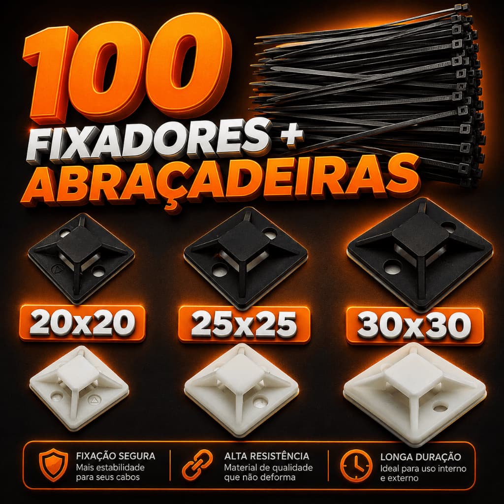 Kit 100 Fixadores Auto Adesivo Dupla Face + 100 Abraçadeiras Enforca Gato - Escolha as medidas
