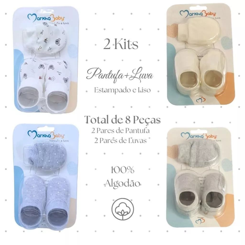 2 Kits de Pantufas e Luvas 8 Peças Bebê Rn Enxoval Liso/Estampado Menino Menina Unissex 100% Algodão