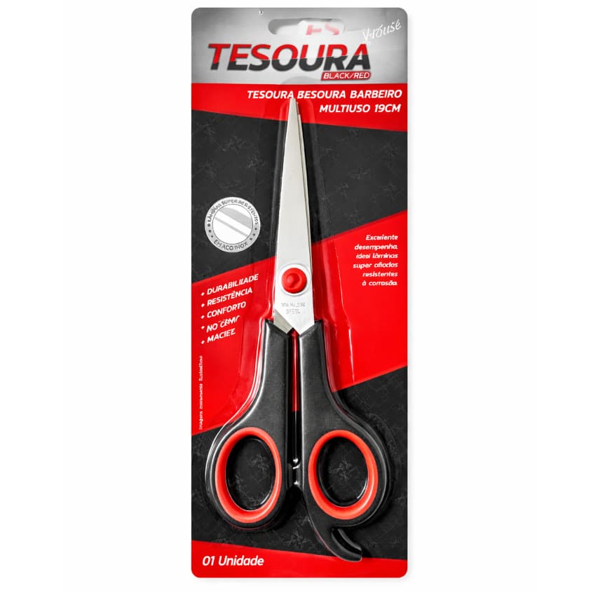 Tesoura Multiuso Profissional para Barbeiro 19cm Aço Inox – Cabo Confort Grip