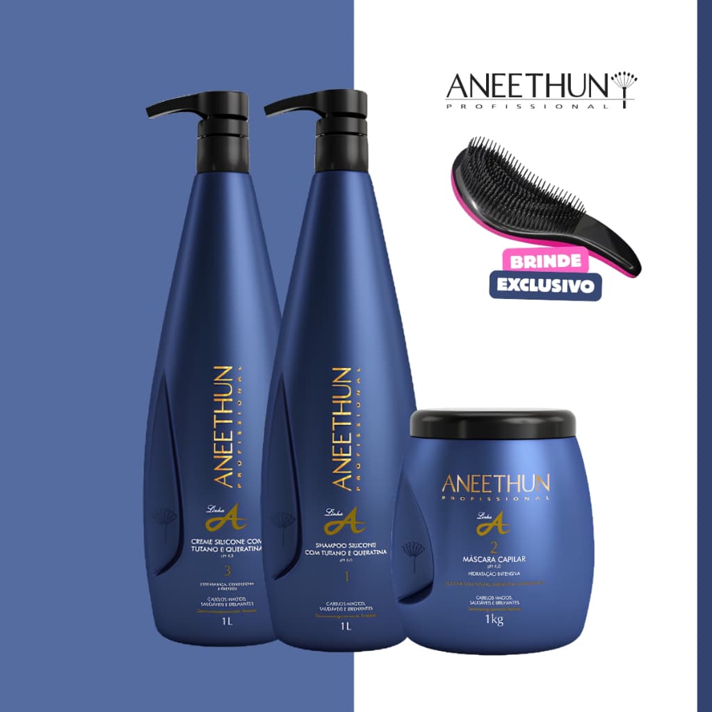 Kit Aneethun Shampoo + Creme de silicone + Máscara linha A 1 Litro Profissional Hidratação Nutrição