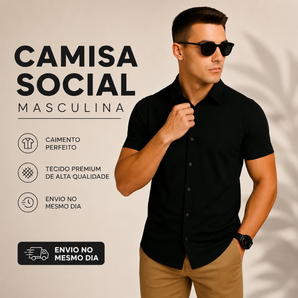 Camisa masculina Social Slim lisa em VISCOSE manga curta de botão