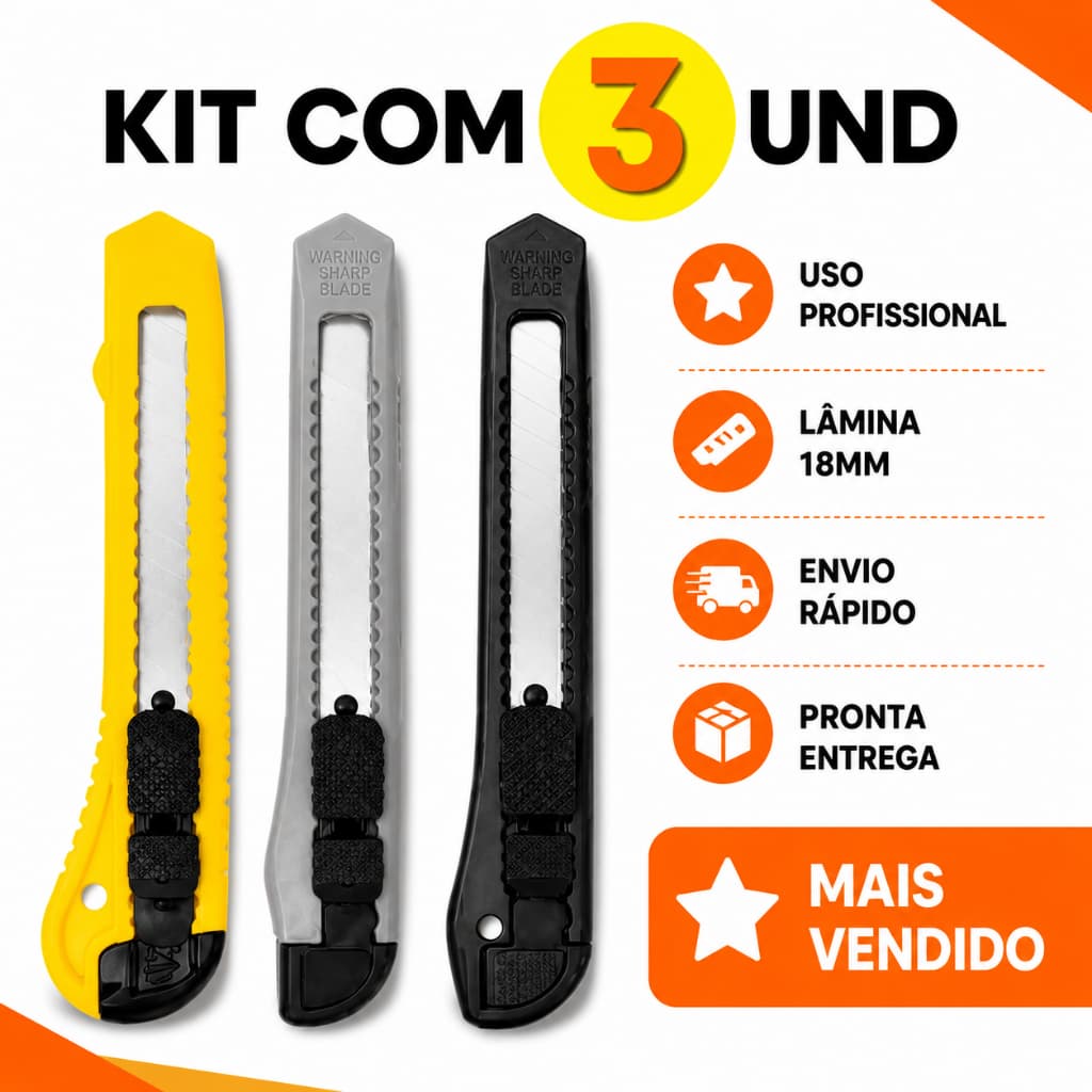 Kit 3 Estilete Reforçado Profissional Tamanhos Diversos