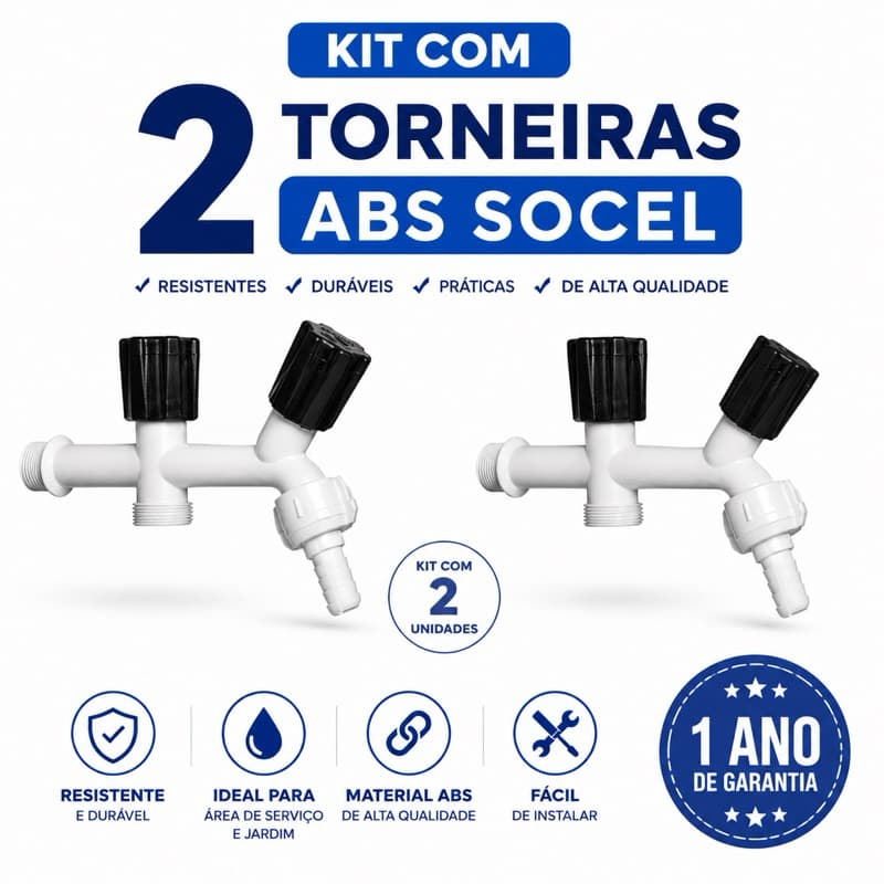 Kit 2 Torneiras ABS Socel 1/2 e 3/4 Para Tanque Jardim Máquina de Lavar Resistente