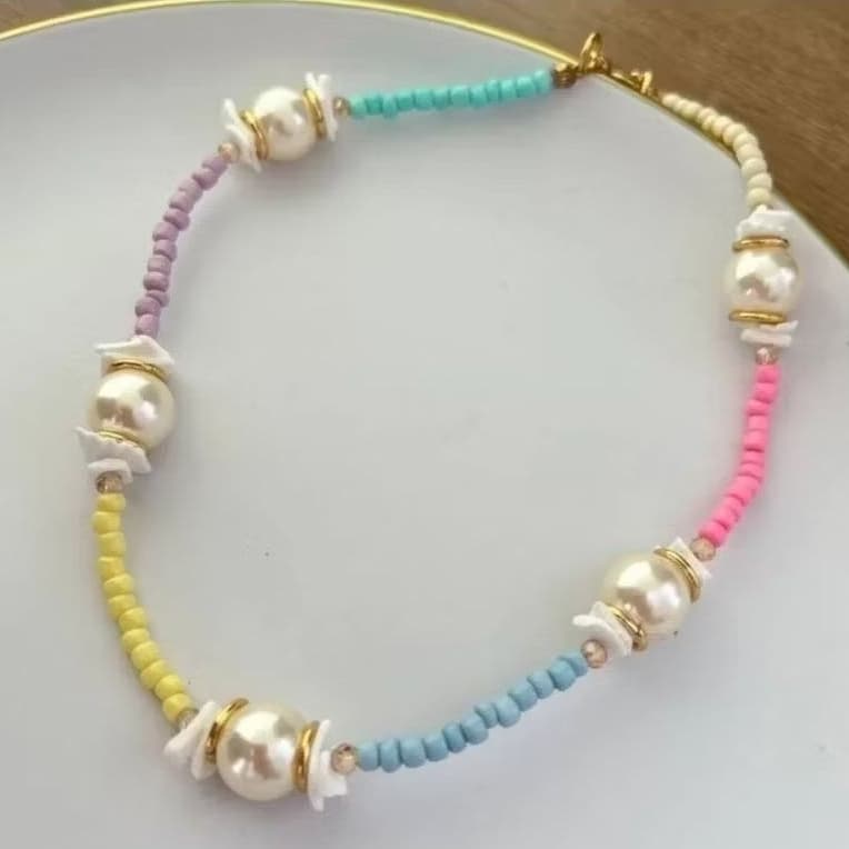 Kit Colar de Pérolas Cores e Pérolas Florzinhas Coloridas Praia Verão