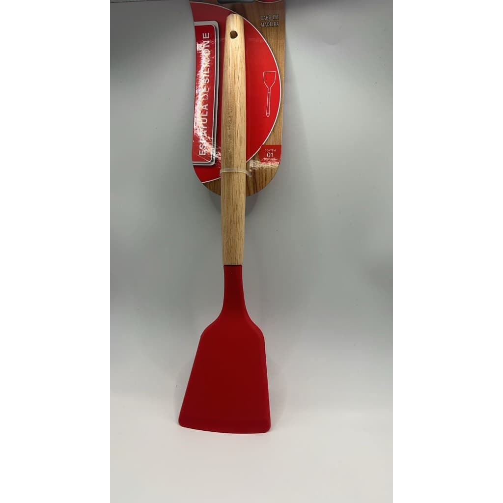 Espátula Reta Silicone Cabo Madeira 30x6,5cm Vermelho