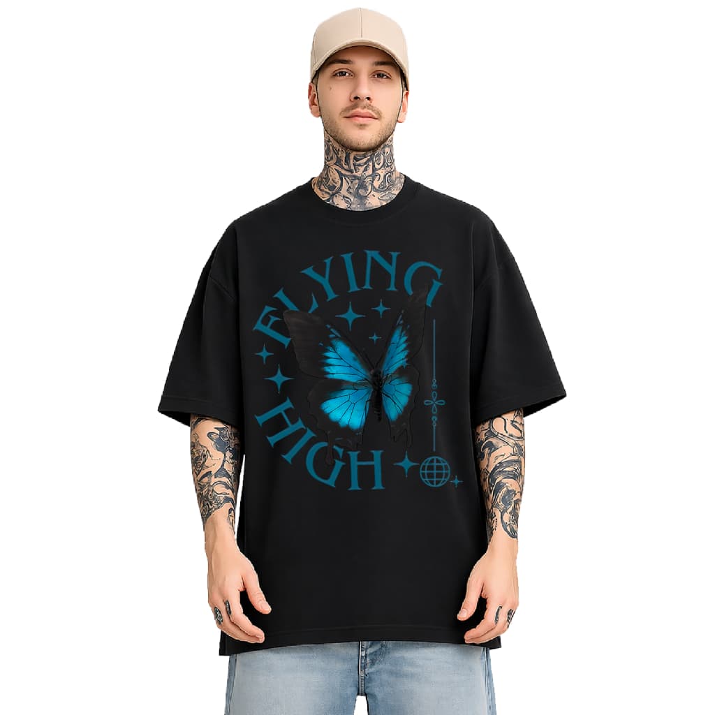 Camiseta Oversized 634 - Feminina, Flying High Borboleta Azul Casual Fashion