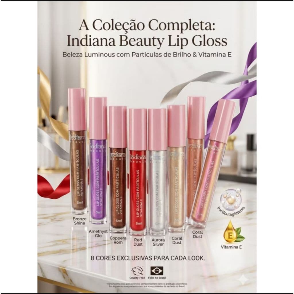 Lip Gloss com Partículas de Brilho 5ml Vitamina E Indiana Beauty Natural Prata Rosa Champagne