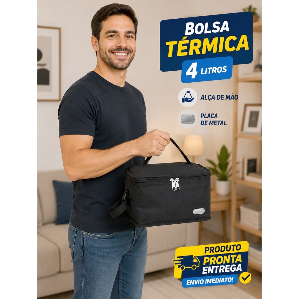 Bolsa Térmica 4 Litros Preta Tamanho Médio Alça de Mão Frutas