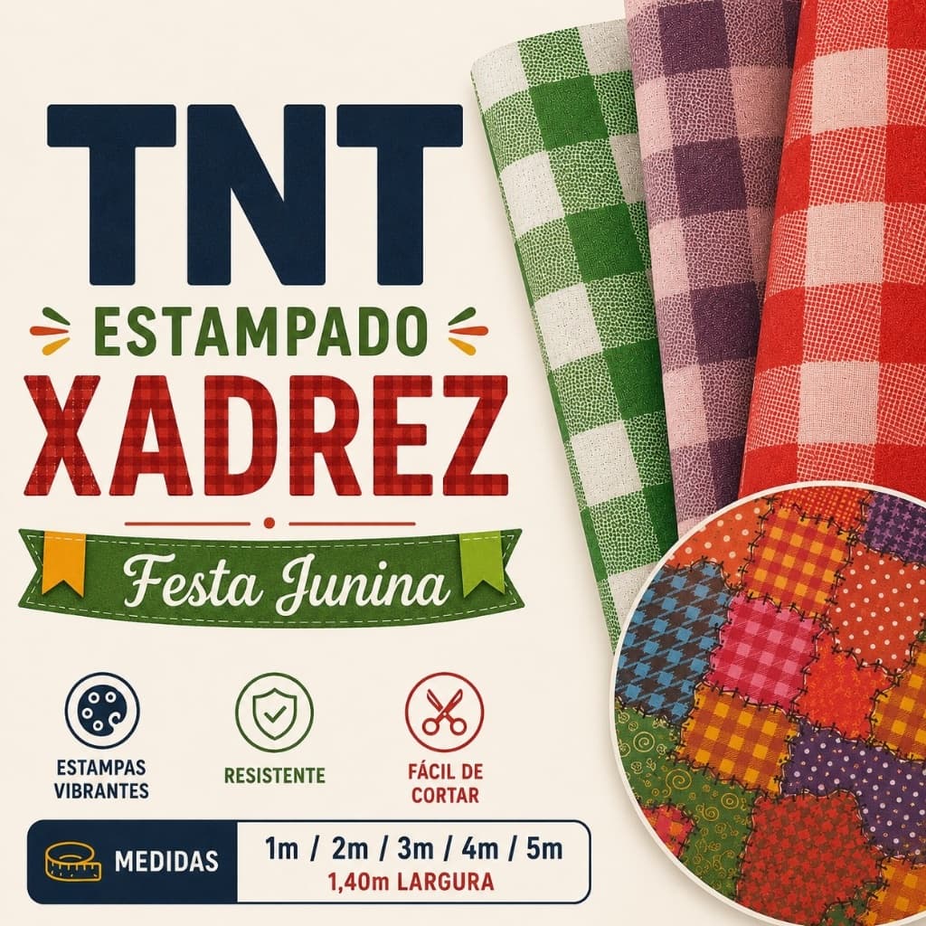 TNT Xadrez Estampado Festa Junina por metro 1m a 5m Tecido Não Tecido 1,40m Largura Decoração Festa