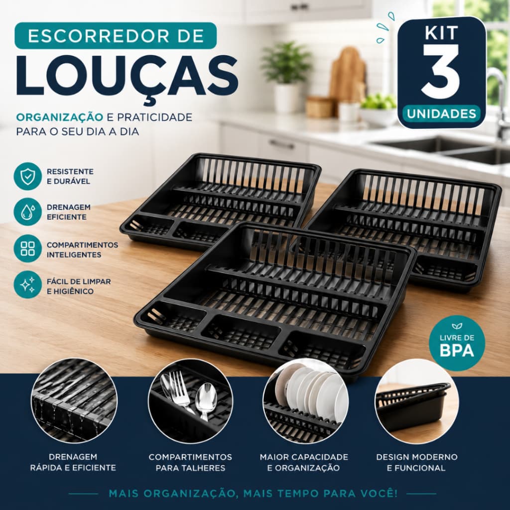 Kit 3 Escorredores de Louça Plasmarc Compacto com Porta Talheres e Drenagem Rápida Organizador