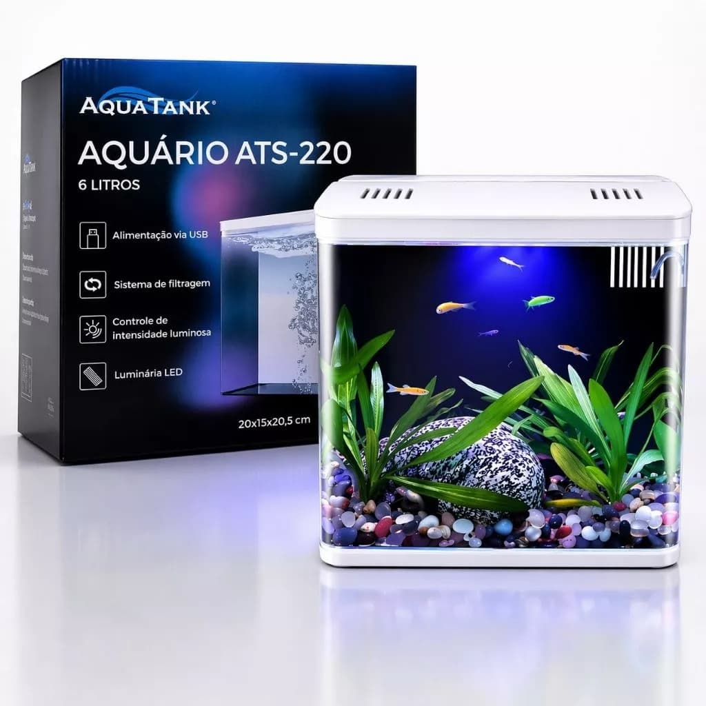 Aquário Beteira com Filtro Aquatank 6L Plug and Play Completo Filtroo e Luminária Led Bivolt