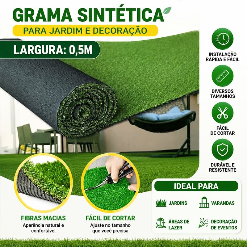 Grama Sintética Jardim Soft Grass 30mm 0,50mx0,50m a 2,00m (0,25 a 1m²) Decorativa Alta Qualidade Parquinho Uv