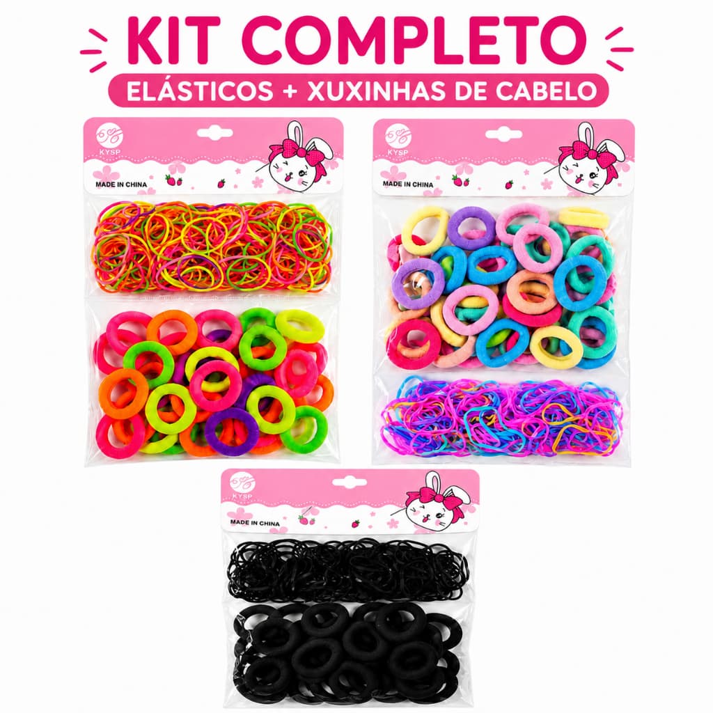 Kit Elástico de Cabelo Infantil com Bolsa + Xuxinha de Meia e Liguinha Silicone Rabicó Xuxinha De Cabelo Scrunchie