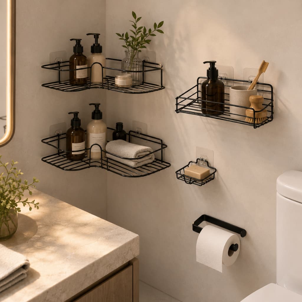 Kit 5 Peças Prateleiras Para Banheiro Preto Fosco Porta Shampoo Organizador De Canto Com Adesivo