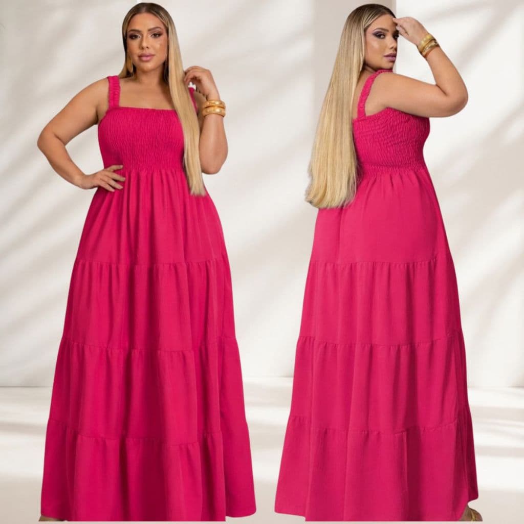 Vestido Longo Plus Size Alça Larga Franzida Busto Lastex Saia Camadas 3 Marias com Leveza e Caimento. Moderno e Elegante