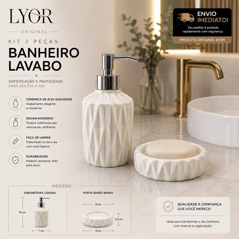 Conjunto Kit 2 Peças para Banheiro Lyor Lavabo Sabao Cerâmica Diamond Branco