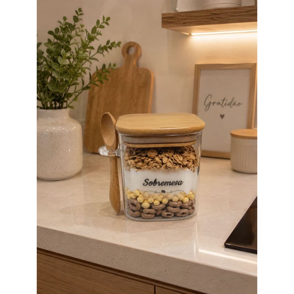 Porta Sobremesa Hermético de Vidro 400ml com Tampa Bambu e Colher