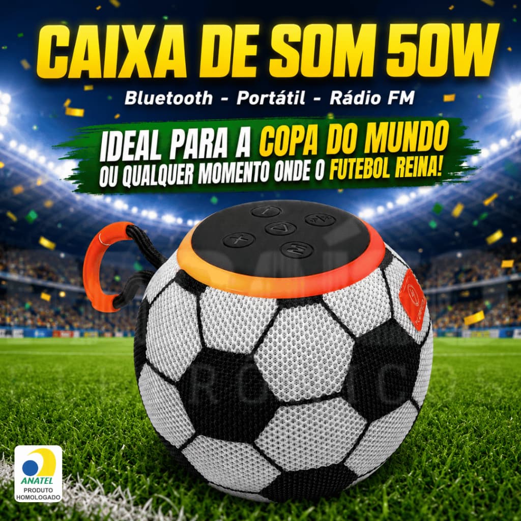 Caixa de Som 50W Bluetooth Potente Rádio FM LED RGB TWS Pen Drive IPX5 Kapbom TEMA FUTEBOL - OFERTA
