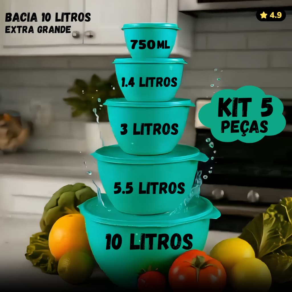 Kit 5 Potes Bowl Plásticos Saladeiras Grande 10 Litros Bacia com Tampa Vedação Tapoer Diversas Cores