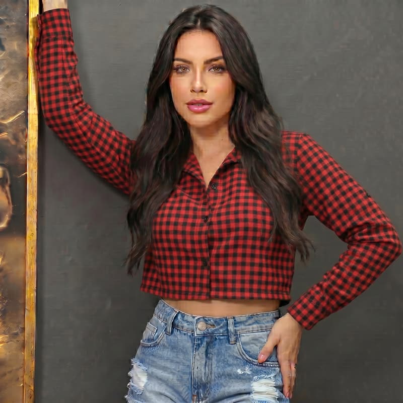 Blusa Camisa Croppet Xadrez Femenino Quadriculado Manga Longa