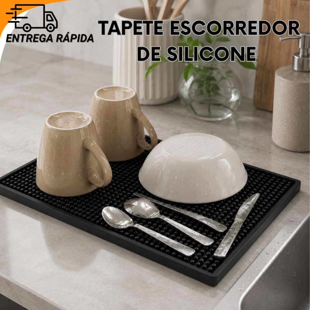 Conjunto Tapete Escorredor De Silicone Resistente Para Cozinha Bancada Copos E Pratos