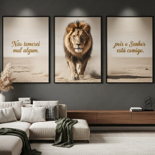 Quadros Decorativos Leão De Judá Não Temerei Luxuoso tons bege Para Sala Quarto Hall Escritorio