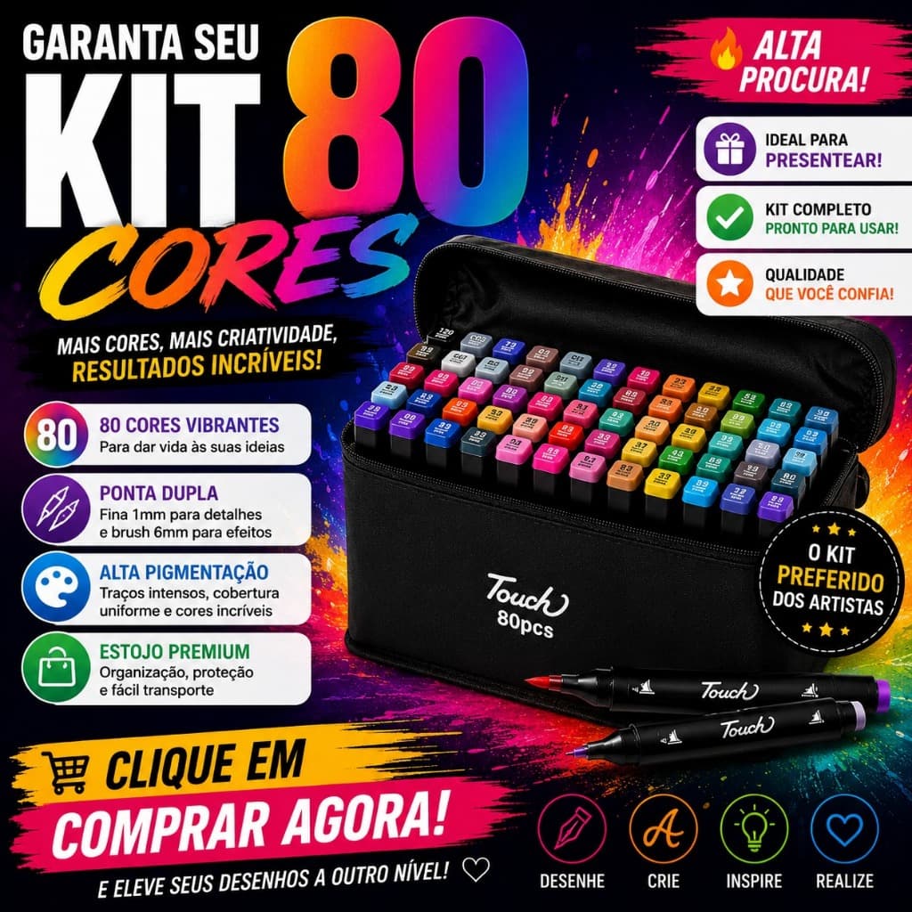 Caneta Colorida Ponta Dupla 80 Cores Estojo Branco ou Preto