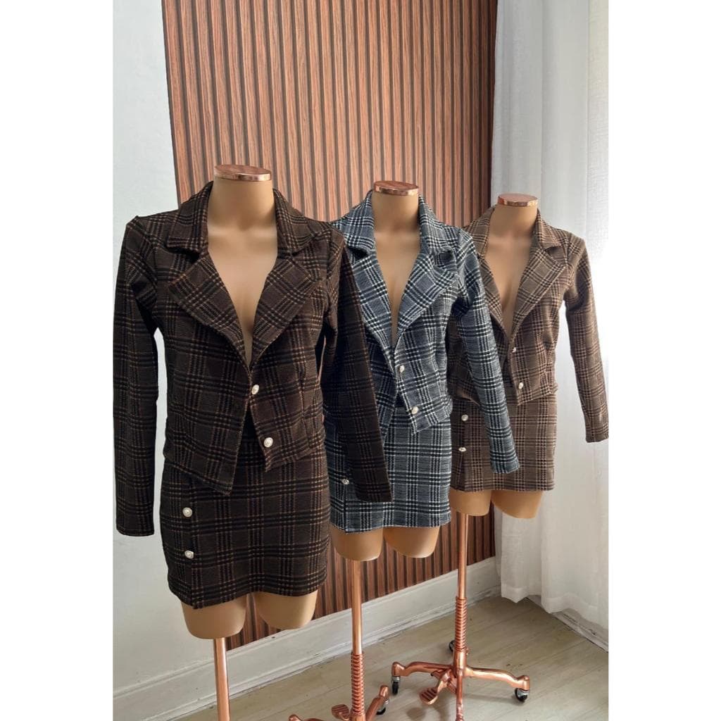 Conjunto Blazer Xadrez Blazer + ShortSaia M e G 38 ao 44 Conjunto Inverno Blusa Mais Short Saia