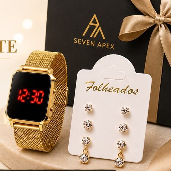 Relógio Digital Feminino LED e 3 Pares de Brincos Folheados Presente Perfeito