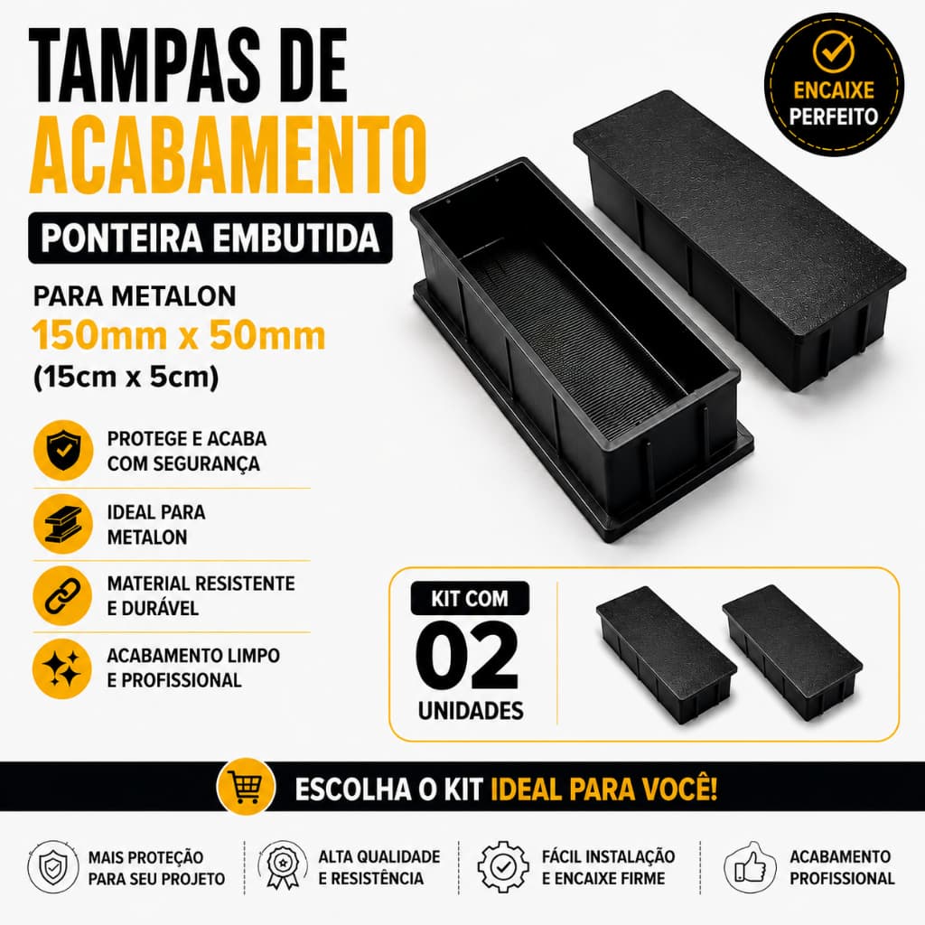 Kit 02 Tampas Ponteira Embutida para Metalon 150x50mm | Tampa Acabamento Retangular 15x5cm Preta