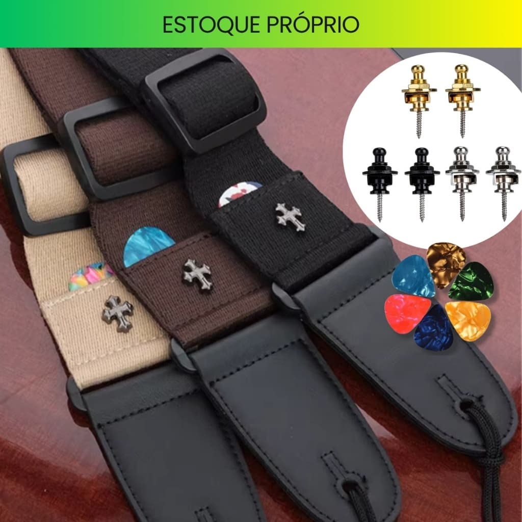 2 Travas Strap Lock + 1 Correia para Violão Guitarra Baixo + 3 Palhetas