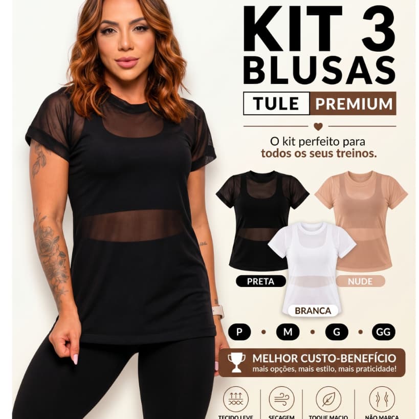 Kit 3 Blusas Transparente de Tule Academia Feminina Blusa Moda Fitness