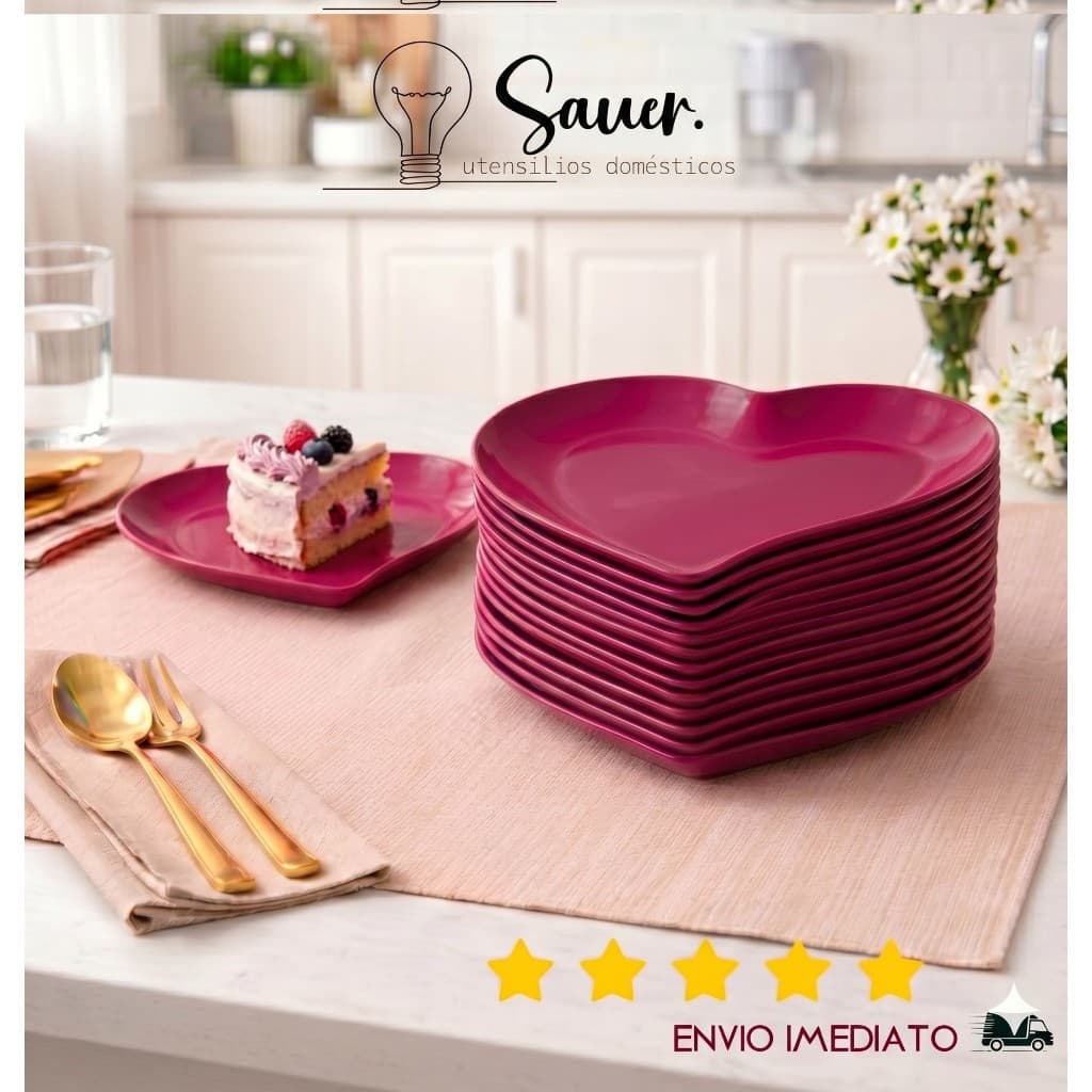 Kit Pratos Coração Várias cores 25,5cm Plástico PP Refeição Sobremesa Decoração