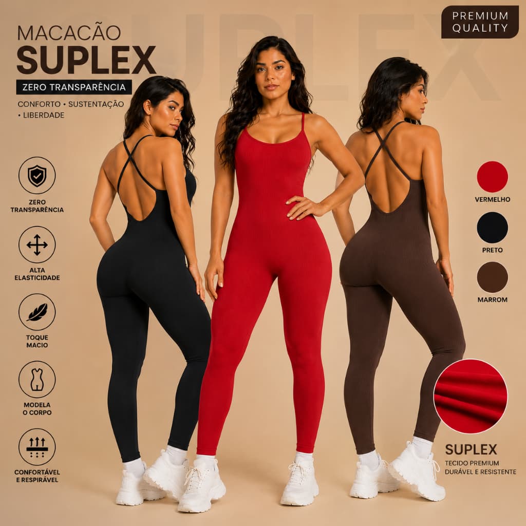 Macacao Feminino Academia Suplex Costa Nua Longo