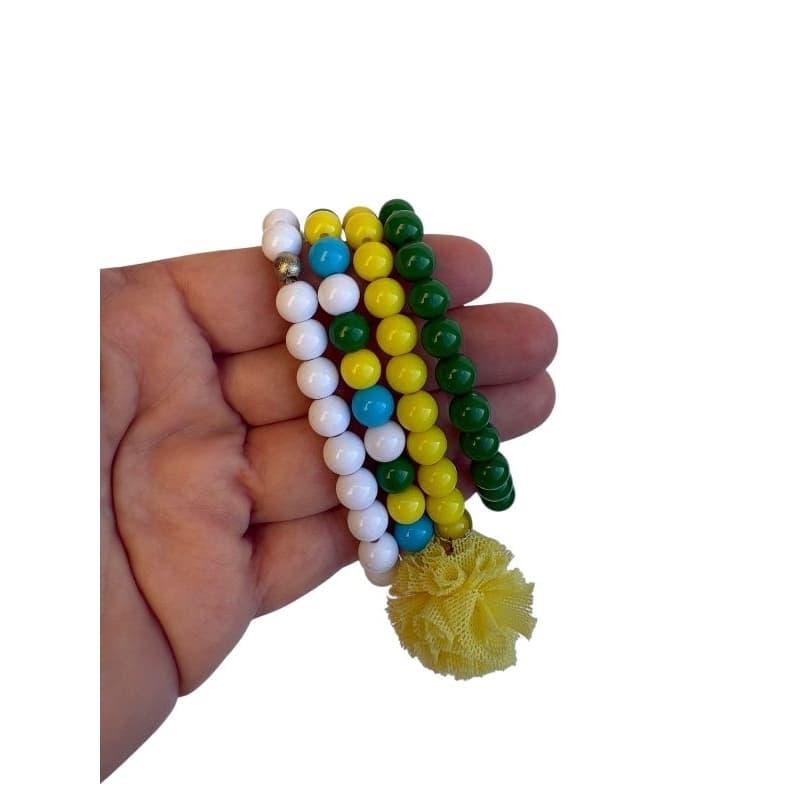 Kit Pulseiras Coloridas Infantil Brasil com Pompom  Acessório Feminino Fofo Verde Amarelo Branco