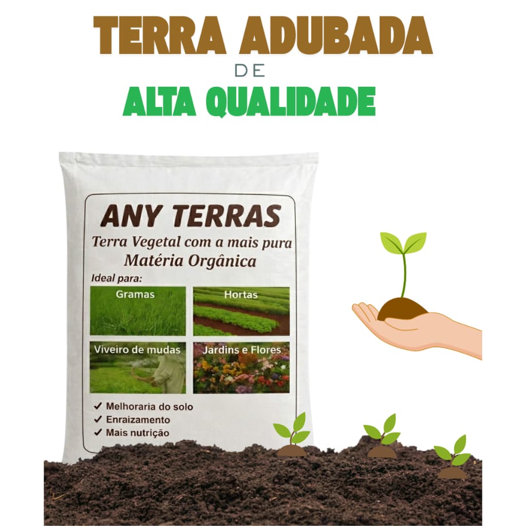 Terra Preta Adubada Any Terras - Preparada para Plantio de Plantas em geral, Hortas e Jardins