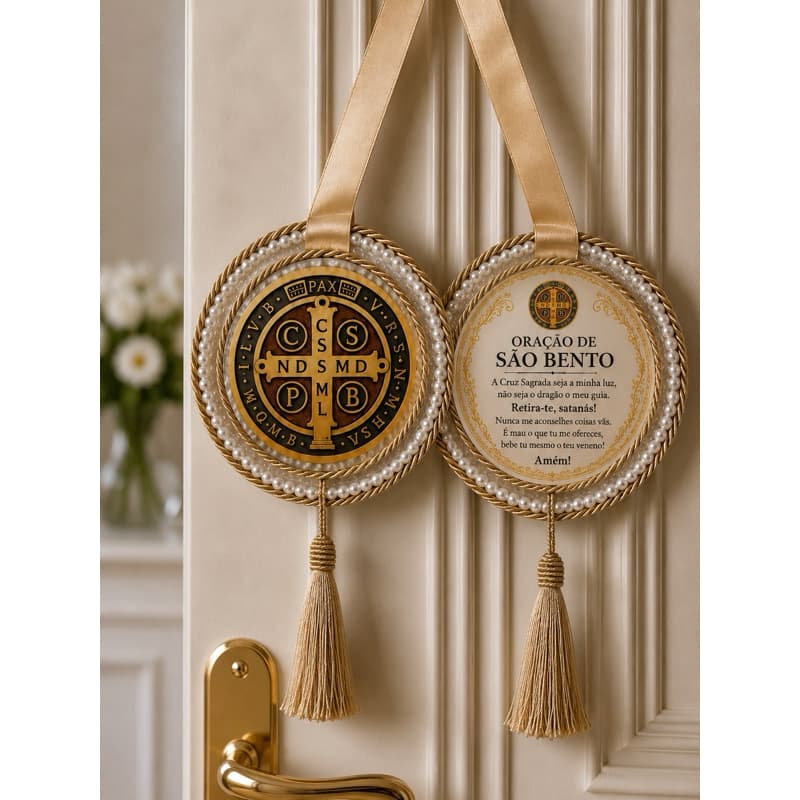 Escapulário São Bento Oração Cruz Sagrada Porta Decoração Católica