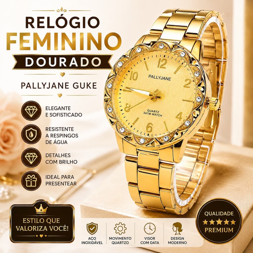 Relógio Feminino Dourado Pallyjane Guke Quartzo Aço Inoxidável Elegante Presente