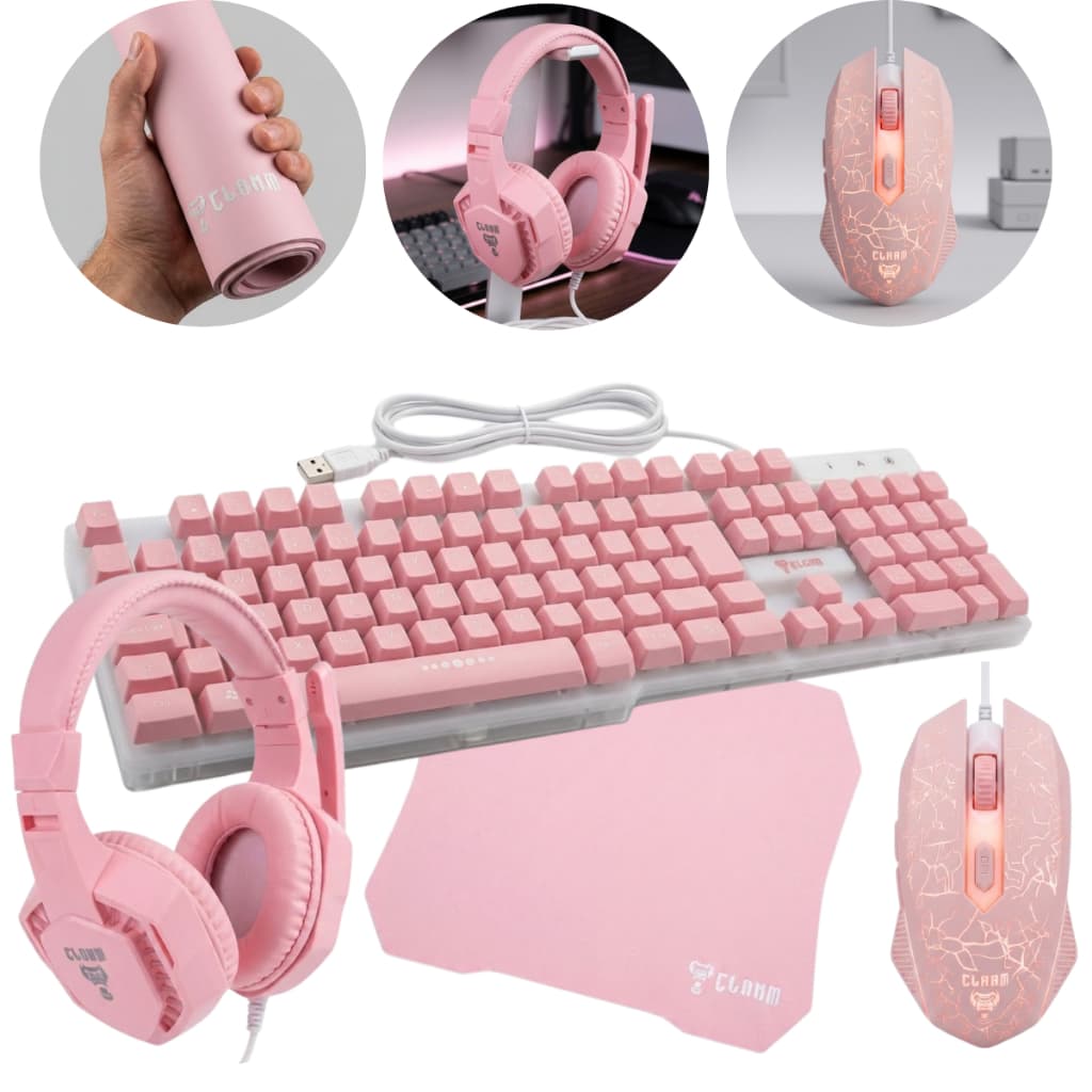 Kit Combo Gamer Teclado Mouse Fone Headset Mouse Pad Rosa Pink Jogo Iluminação Led Rainbow