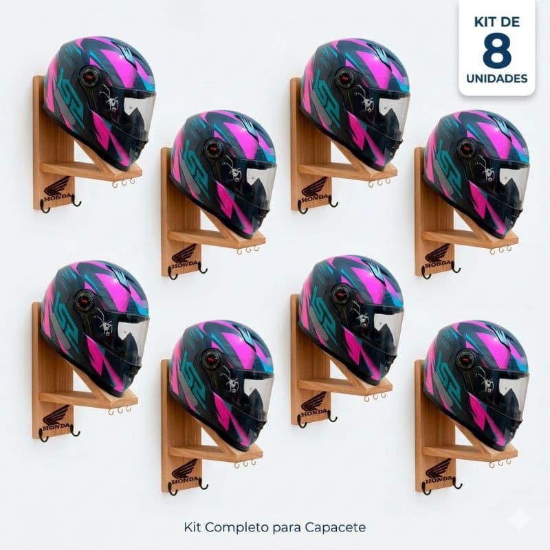 ​Kit 8 Suportes De Capacete De Parede Em Madeira Com Ganchos Organizador Moto PERSONALIZÁVEL